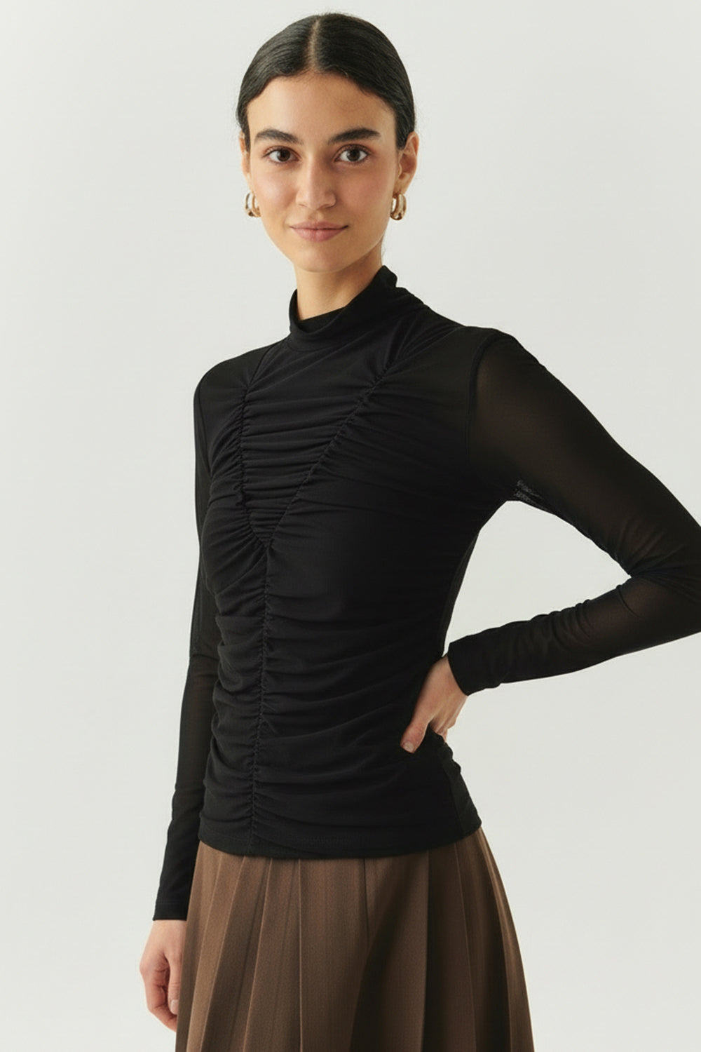 Boğazlı Drapeli Uzun Kollu Slim Fit Siyah Tül Bluz