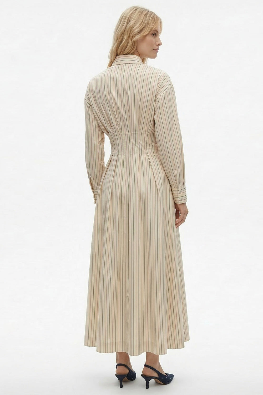 Uzun Kollu Kemerli Regular Midi Gömlek Bej Elbise