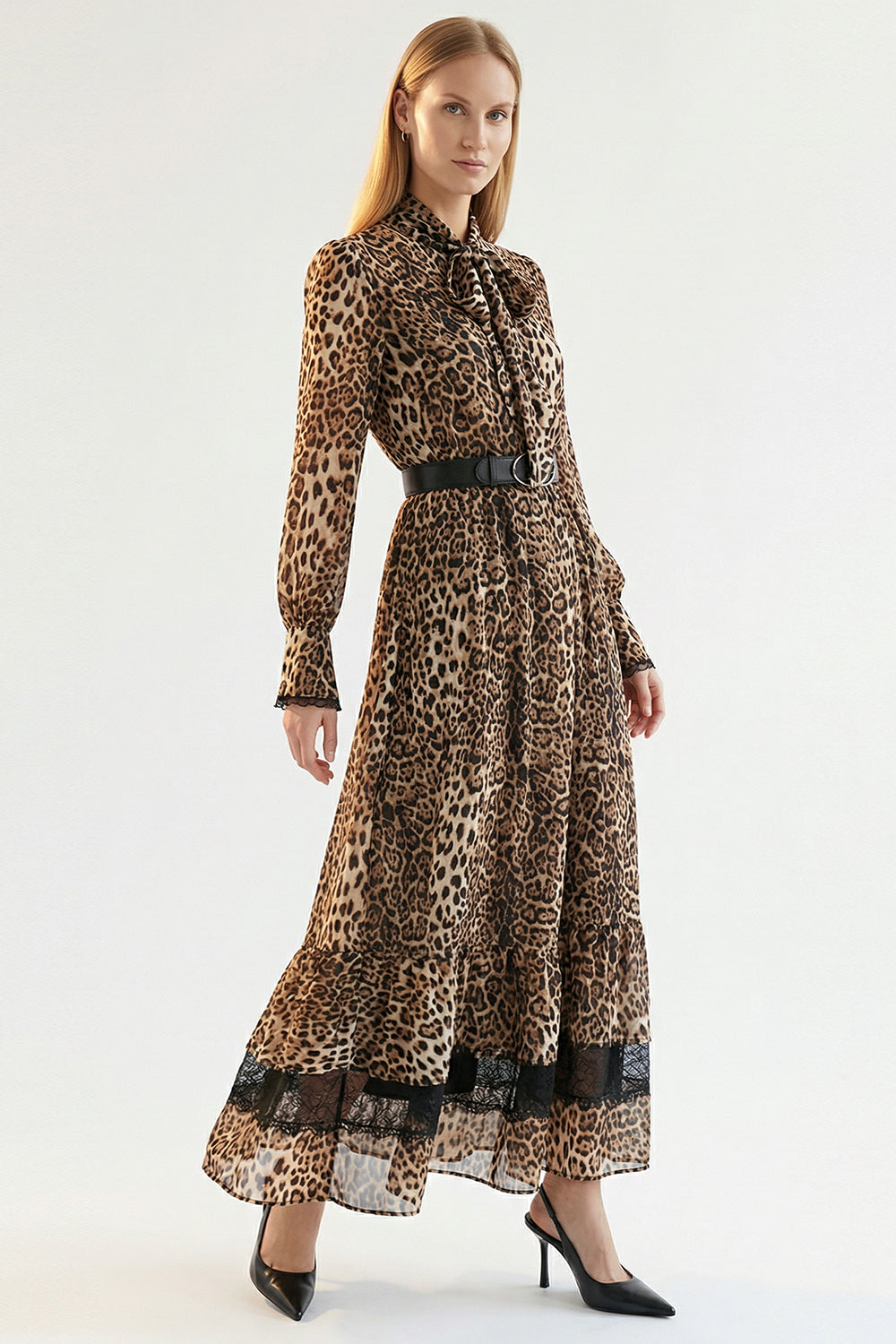 Leoper Desenli Kemerli Regular Maxi Çok Renkli Elbise
