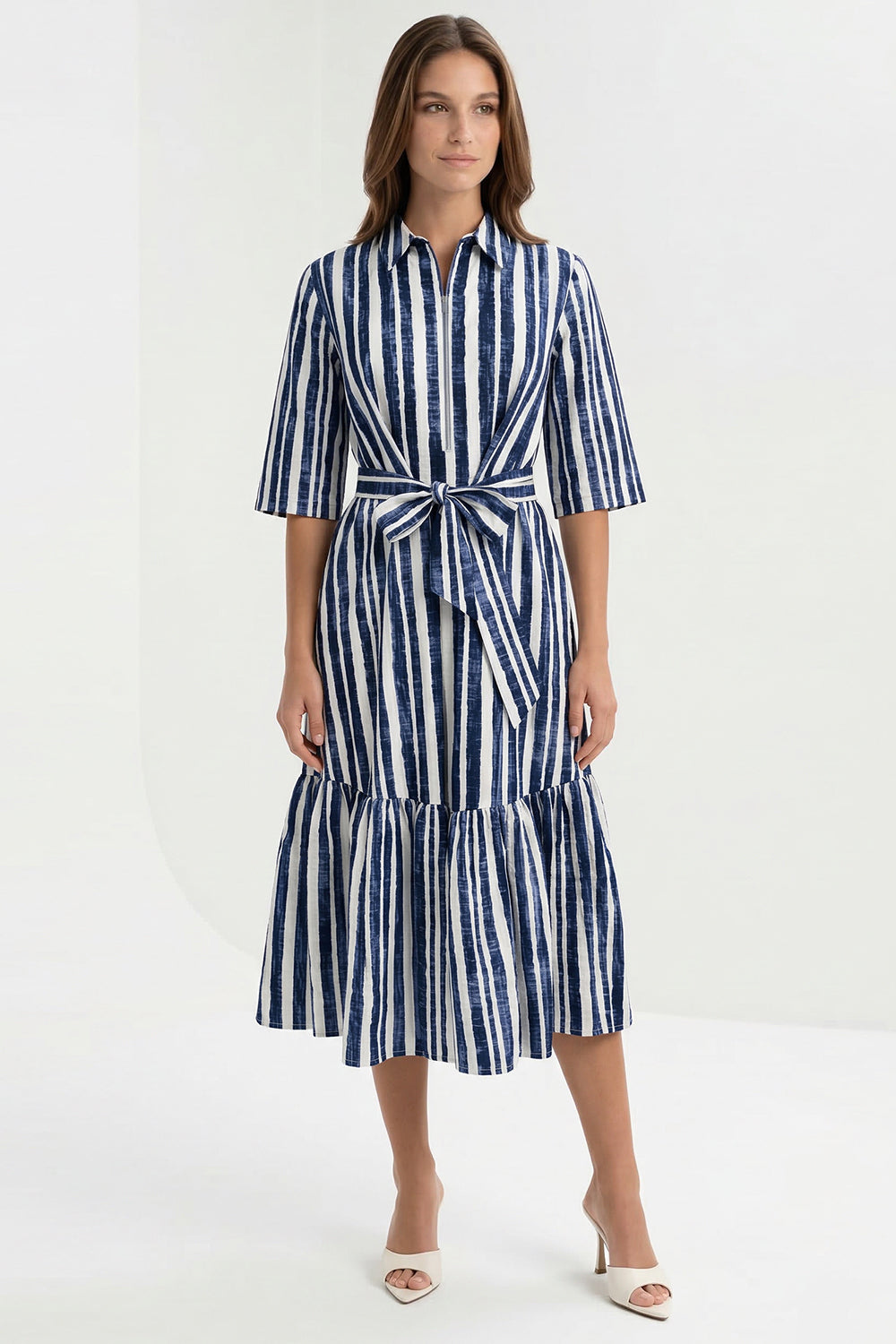 Gömlek Yaka Kısa Kollu Kuşaklı Regular Midi Saks Kemik Elbise