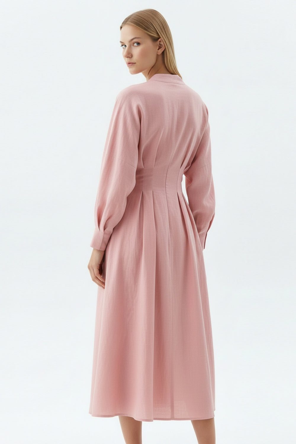 Uzun Kollu Bele Oturan V Yaka Slim Fit Keten Midi Pembe Elbise