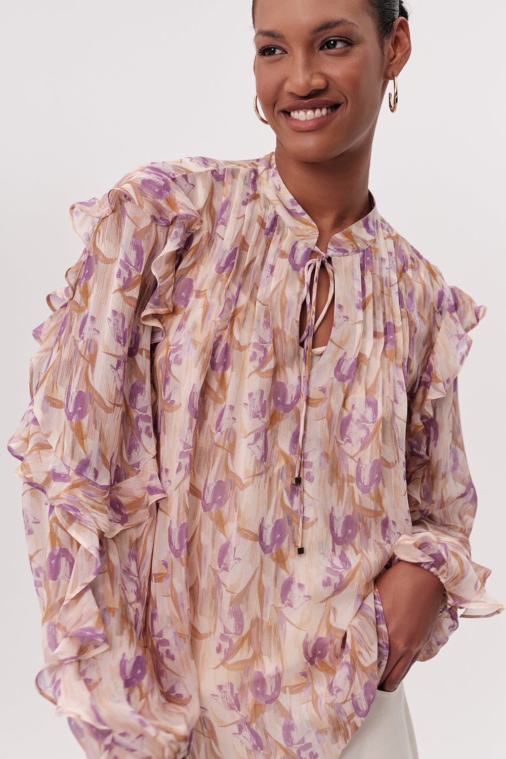 Yakası Bağcıklı Uzun Kollu Astarlı Regular Çok Renkli Bluz