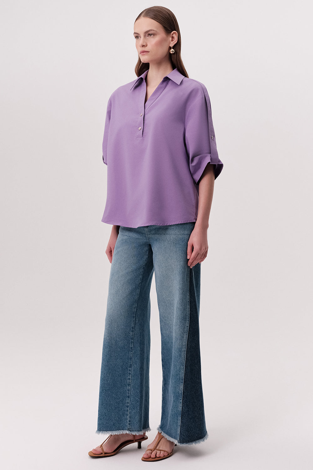 Gömlek Yakalı Apoletli Kısa Kollu Düğmeli Regular Lila Bluz