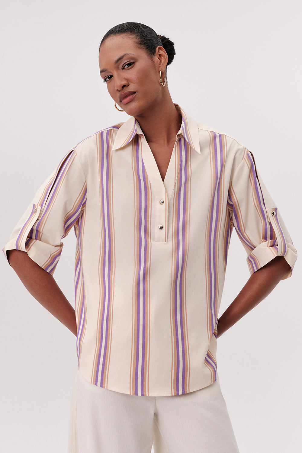 Gömlek Yaka Kısa Kollu Desenli Düğmeli Regular Çok Renkli Bluz