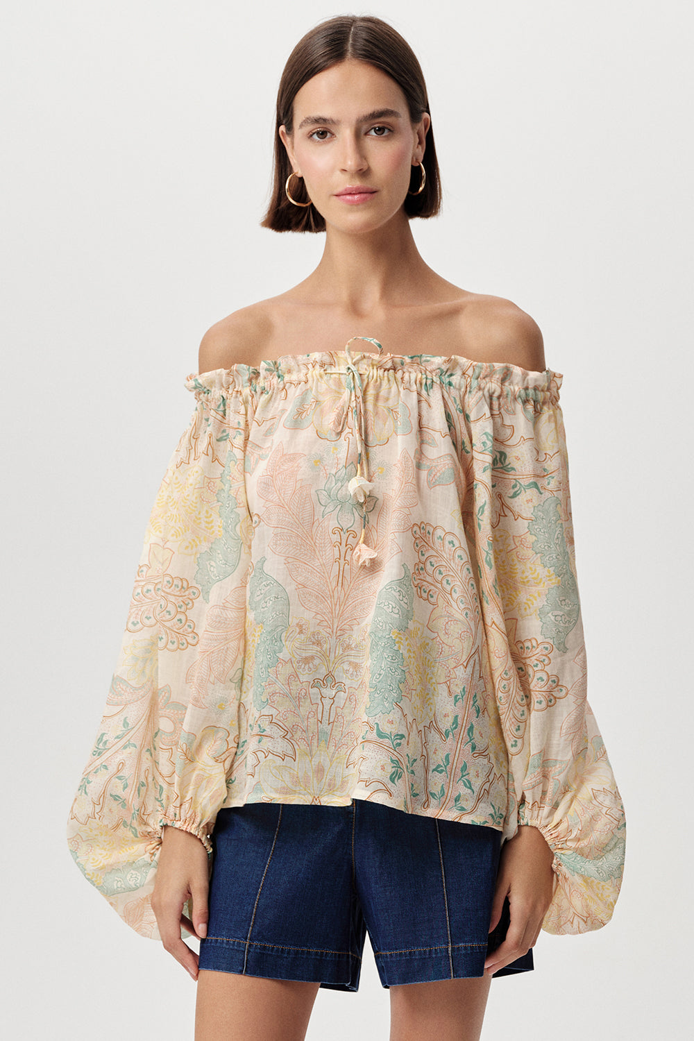 Yakası Bağcıklı Desenli Rami Keten Regular Çok Renkli Bluz