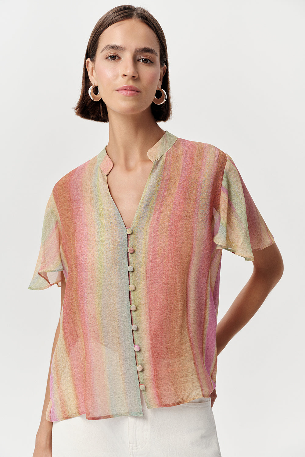 Kısa Kollu V Yakalı Düğme Detaylı Astarlı Regular Çok Renkli Bluz