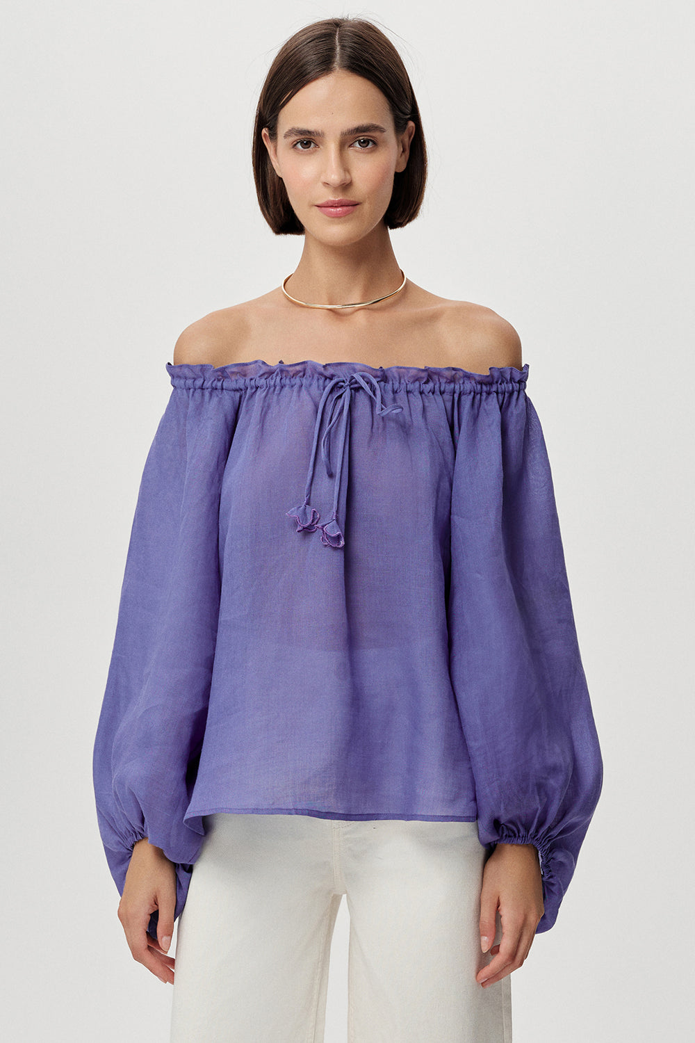 Uzun Kollu Yakası Bağcıklı Rami Keten Regular Peri Bluz