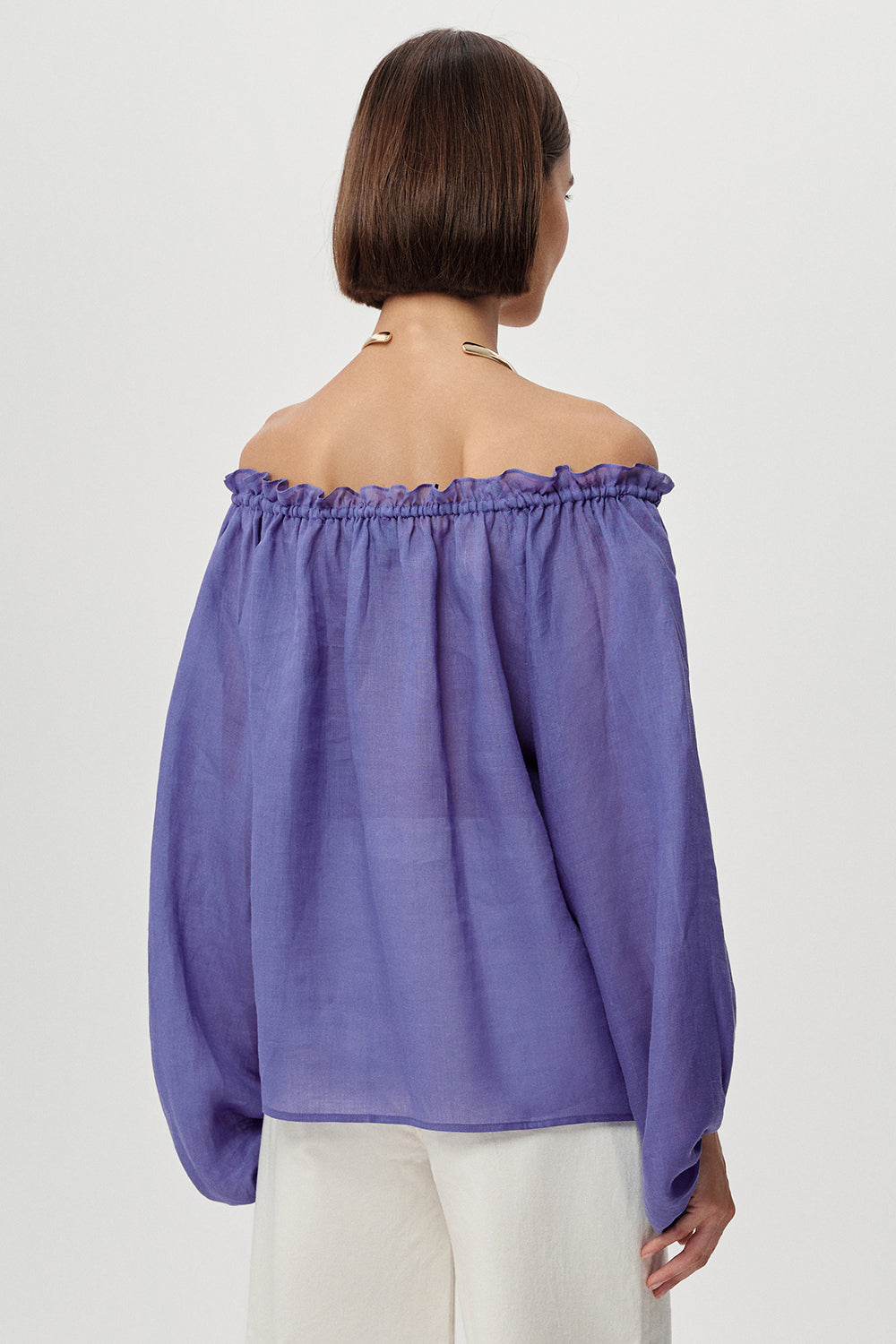 Uzun Kollu Yakası Bağcıklı Rami Keten Regular Peri Bluz