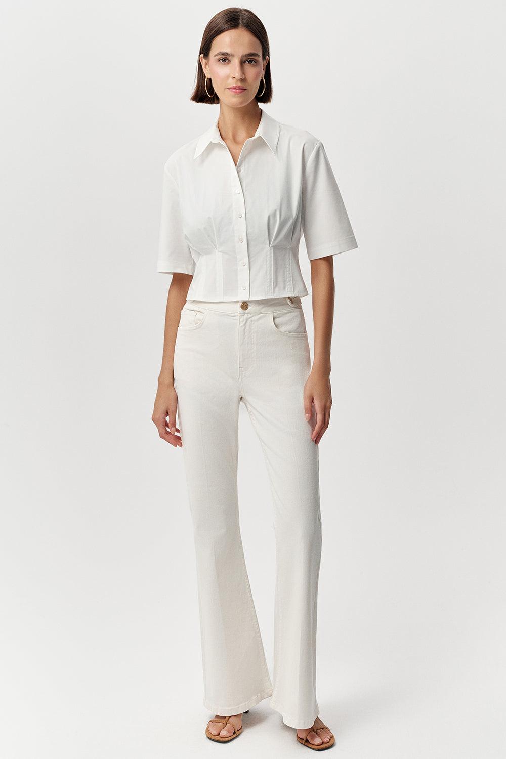 Kısa Kollu Bele Oturan Pileli Crop Regular Kemik Gömlek