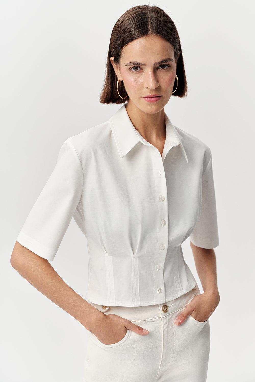 Kısa Kollu Bele Oturan Pileli Crop Regular Kemik Gömlek