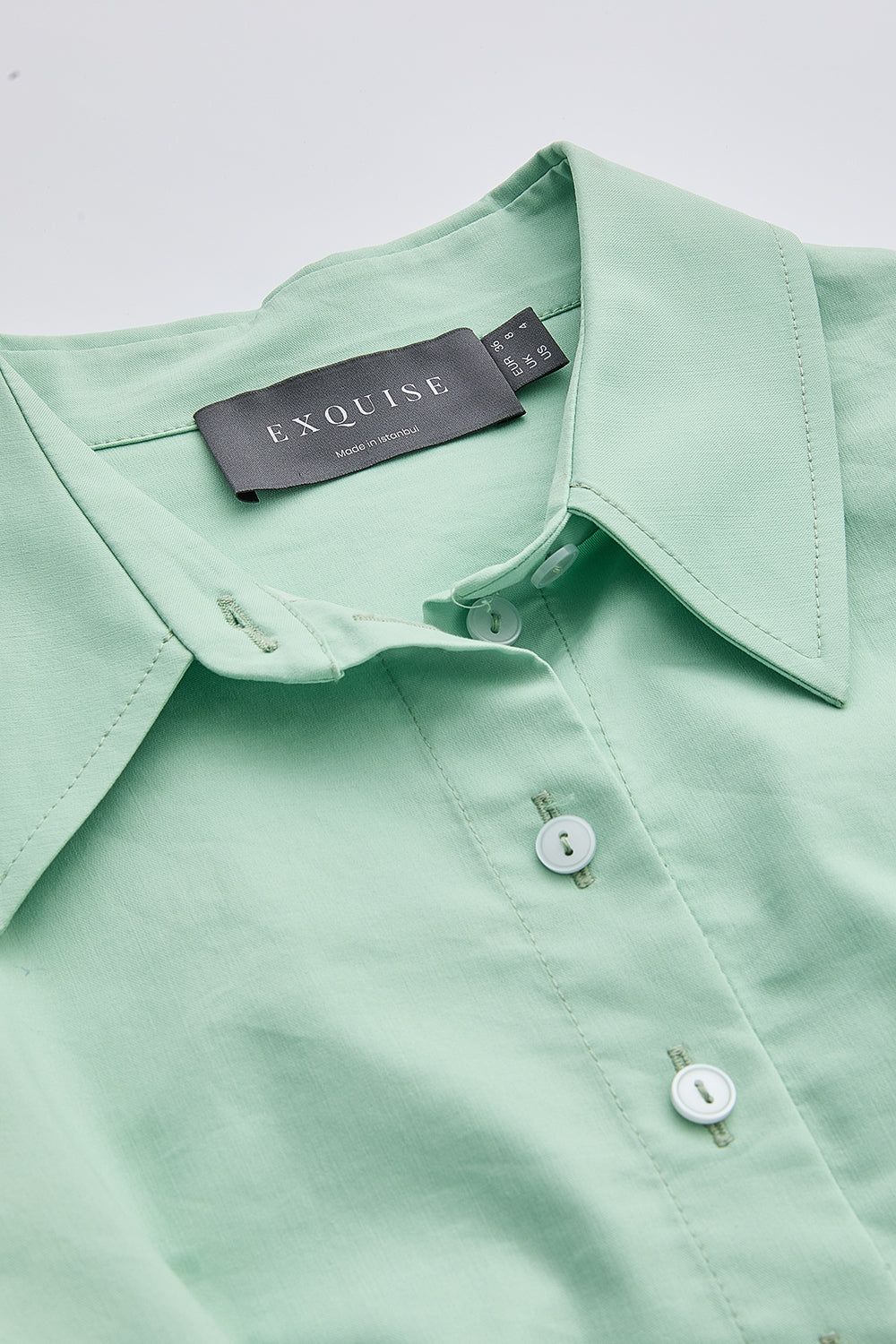 Kısa Kollu Bele Oturan Pileli Crop Regular Mint Gömlek