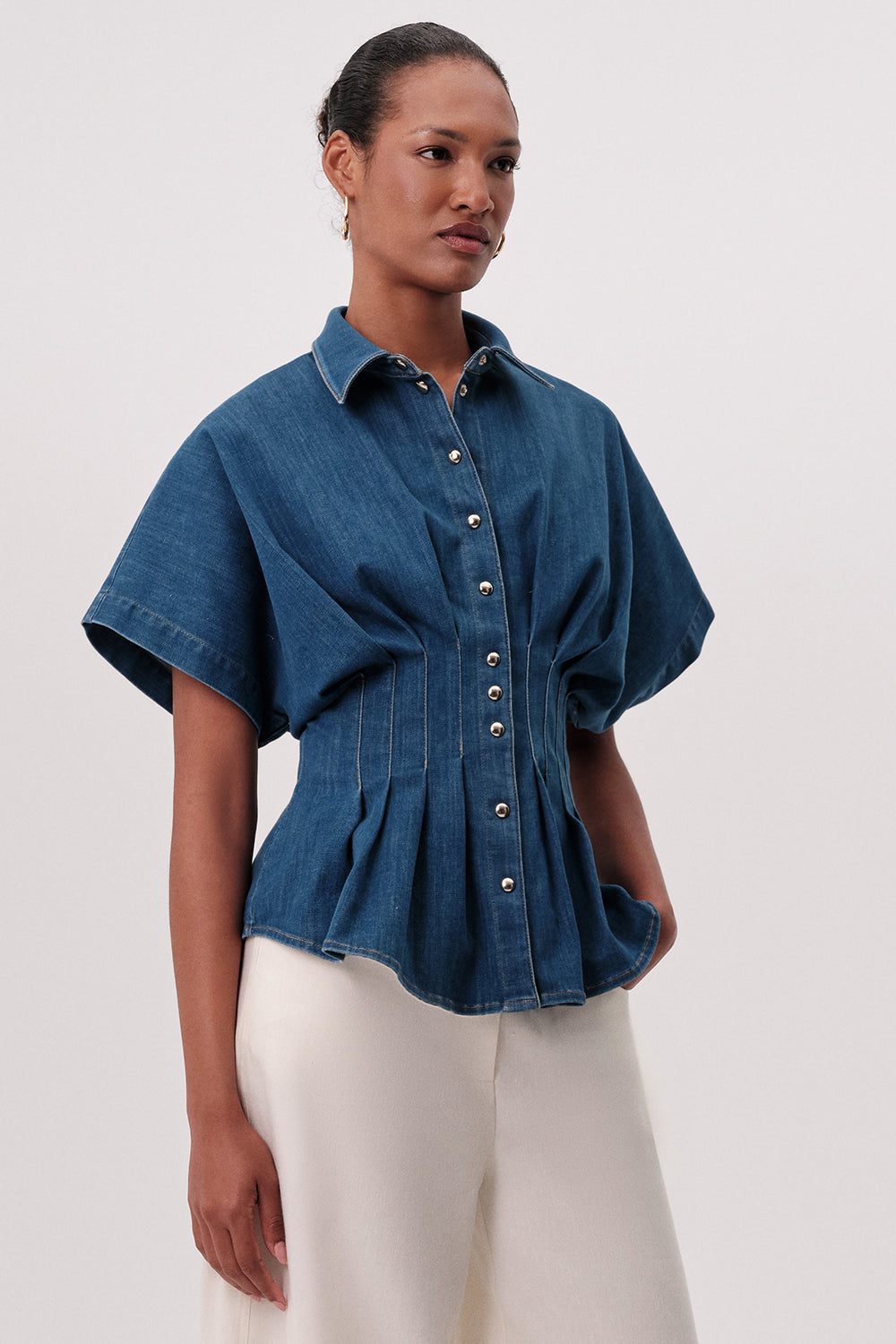 Gömlek Yaka Kısa Kollu Pileli Regular Denim Mavi Gömlek