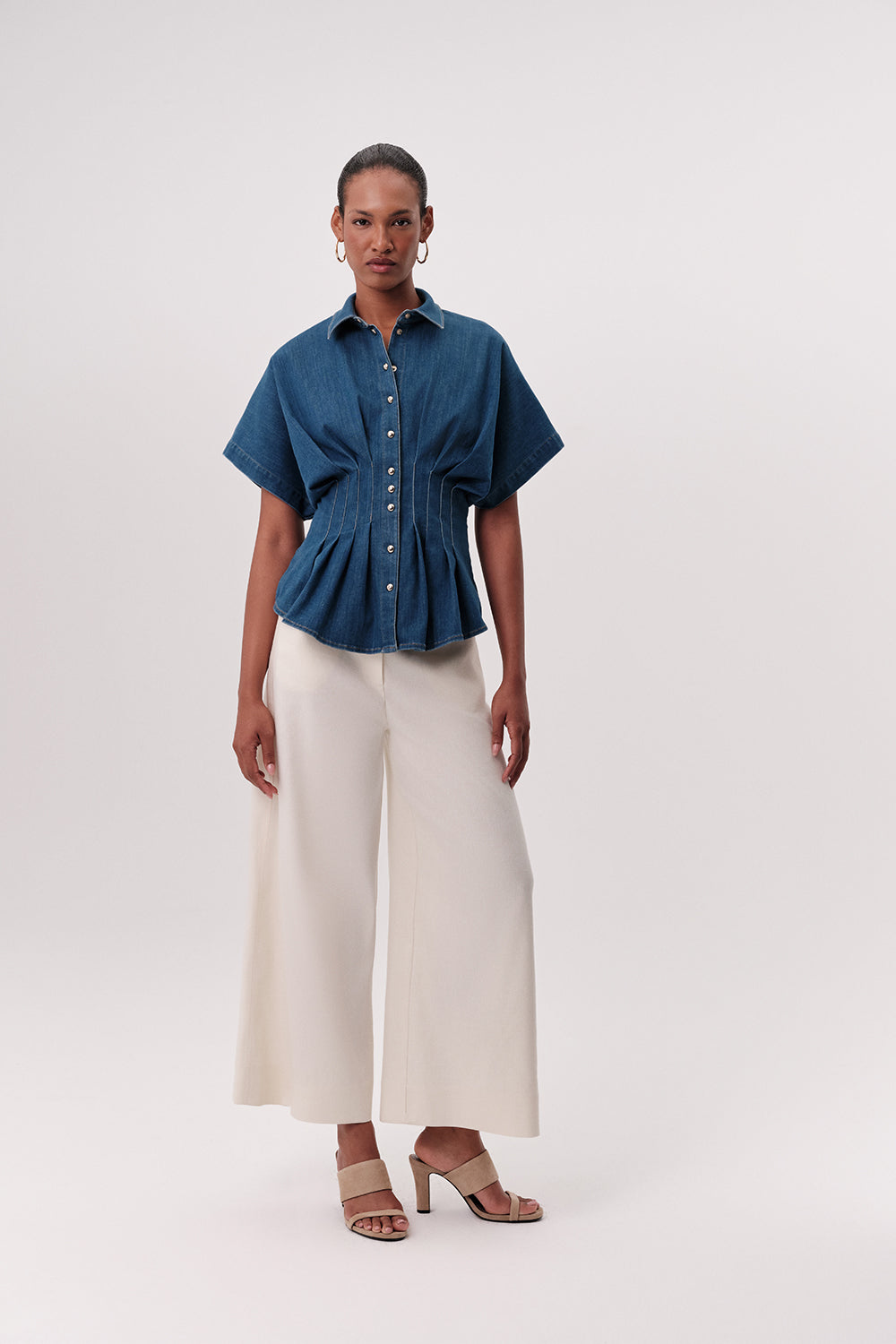 Gömlek Yaka Kısa Kollu Pileli Regular Denim Mavi Gömlek