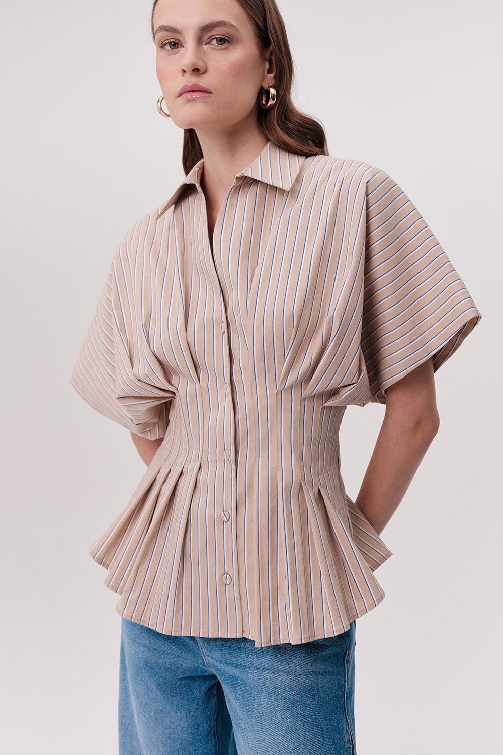 Gömlek Yaka Pileli Bele Oturan Çizgili Regular Çok Renkli Gömlek