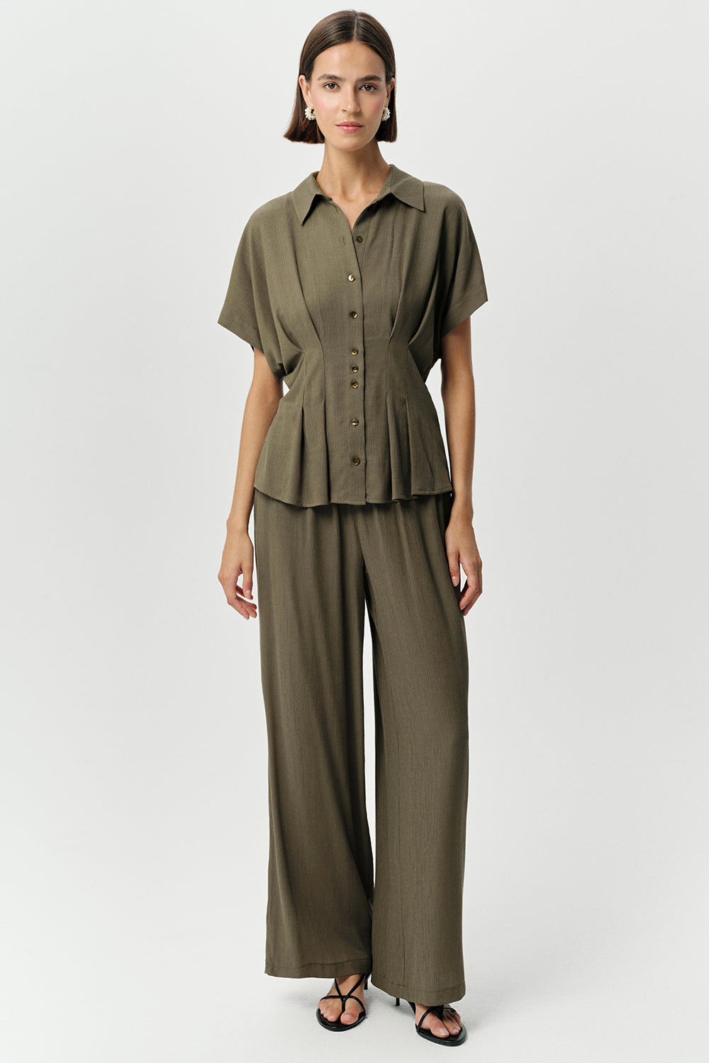 Gömlek Yaka Bele Oturan Düğmeli Regular Krinkle Haki Gömlek