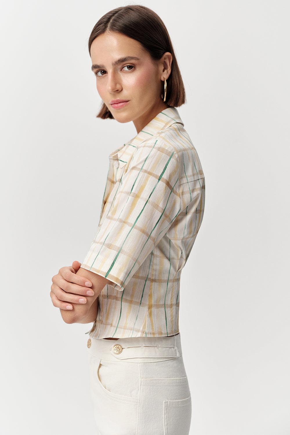 Kısa Kollu Bele Pile Detaylı Crop Regular Çok Renkli Gömlek