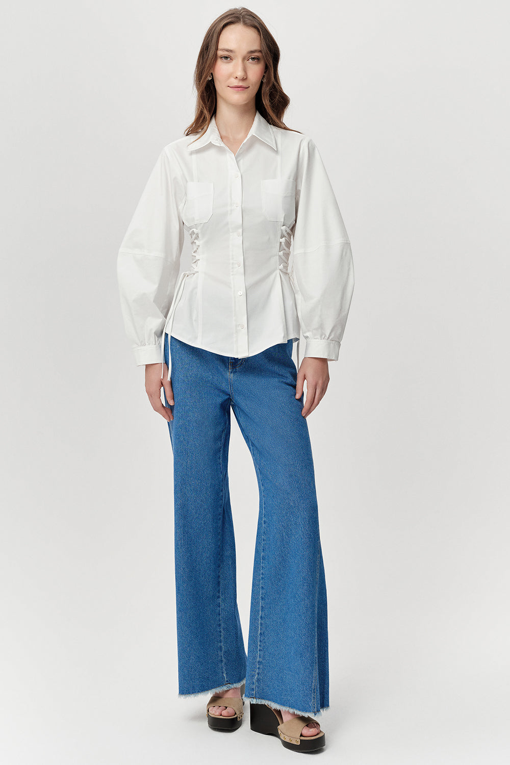 Gömlek Yaka Balon Kollu Bele Oturan Regular Kemik Gömlek