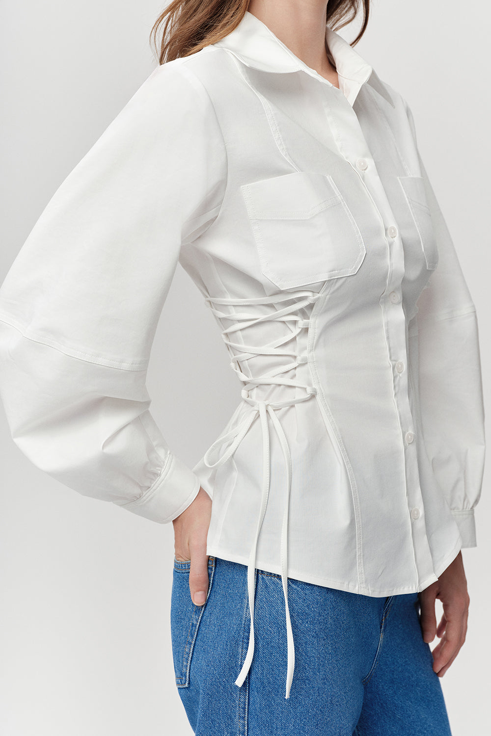 Gömlek Yaka Balon Kollu Bele Oturan Regular Kemik Gömlek