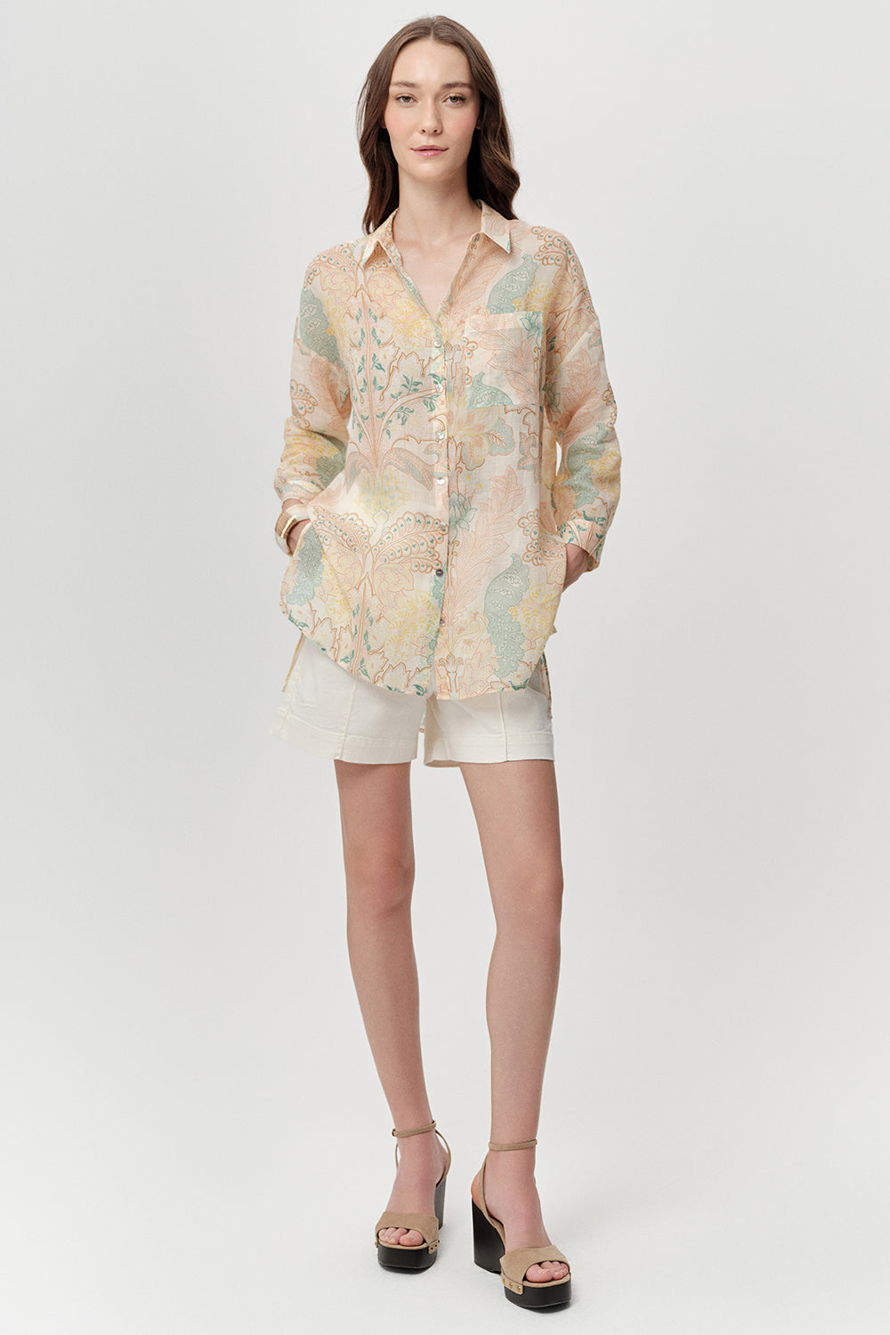 Gömlek Yaka Uzun Kollu Cepli Rami Keten Regular Çok Renkli Gömlek