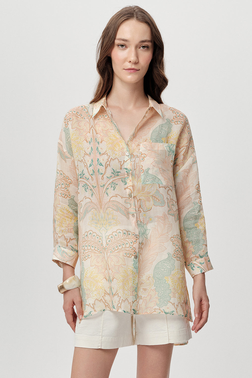 Gömlek Yaka Uzun Kollu Cepli Rami Keten Regular Çok Renkli Gömlek