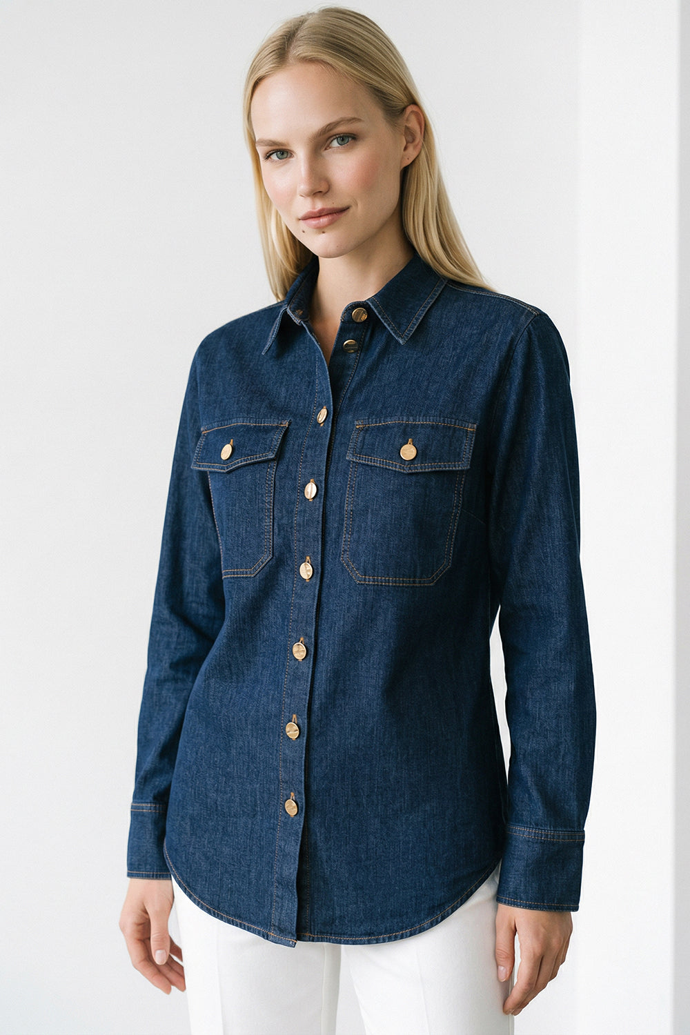 Gömlek Yaka Uzun Kollu Çıt Çıtlı Regular Denim İndigo Gömlek