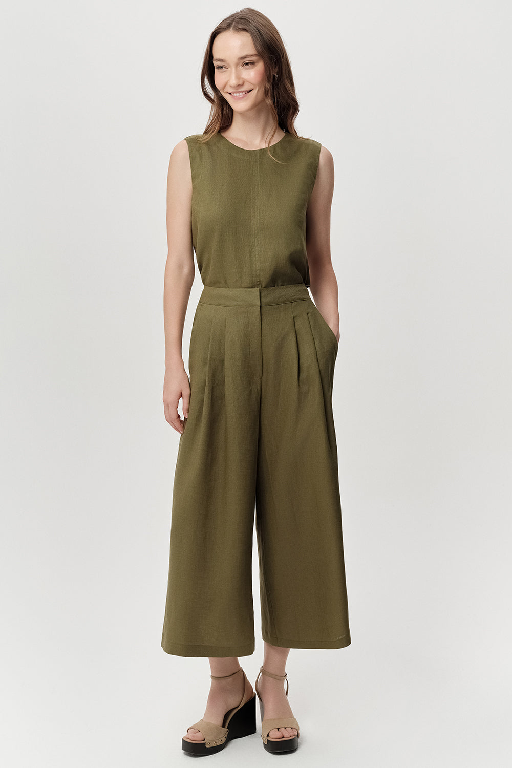 Cepli Fermuarlı Culotte Regular Keten Haki Pantolon