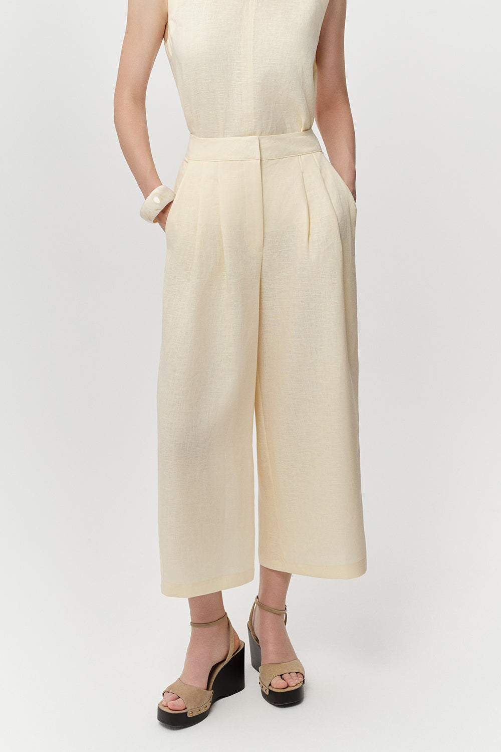 Cepli Fermuarlı Culotte Regular Keten Tereyağı Pantolon