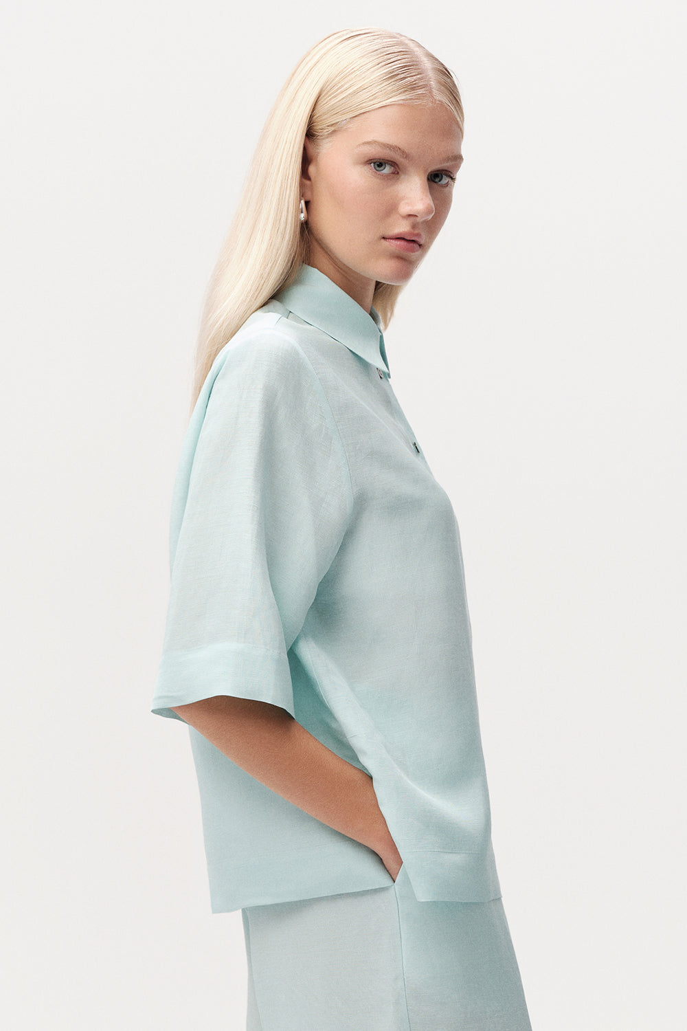 Gömlek Yaka Düğmeli Kısa Kollu Regular Turkuaz Gömlek