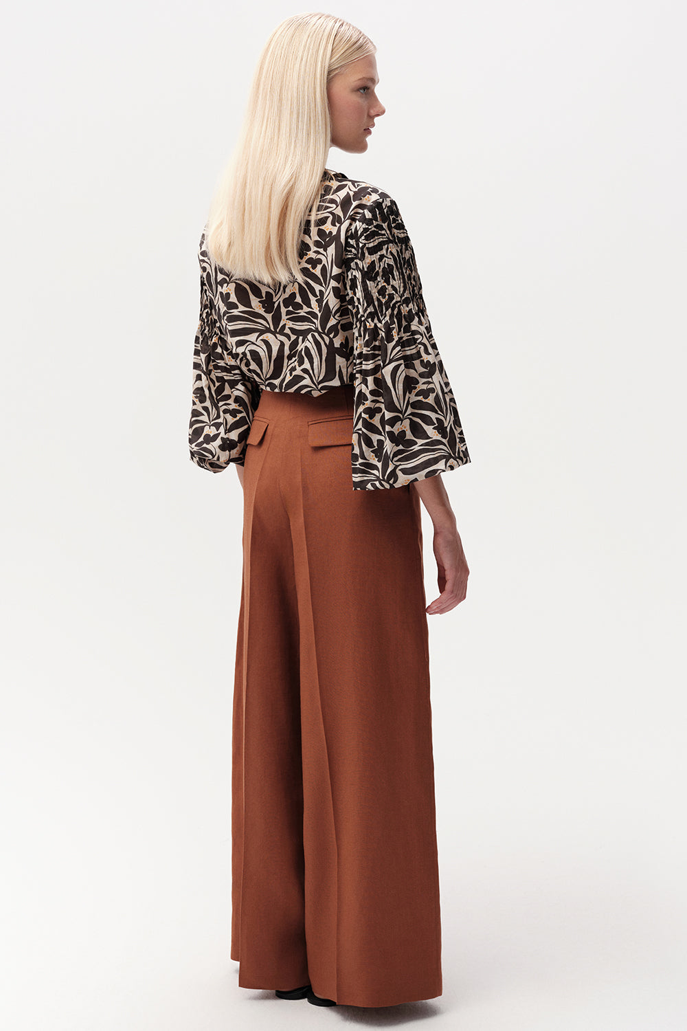 Beli Pileli Geniş Paça Cepli Keten Regular Taba Pantolon