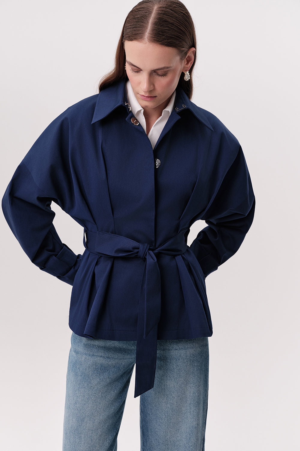 Pileli Ceket Yakalı Kuşaklı Cepli Regular Lacivert Trençkot