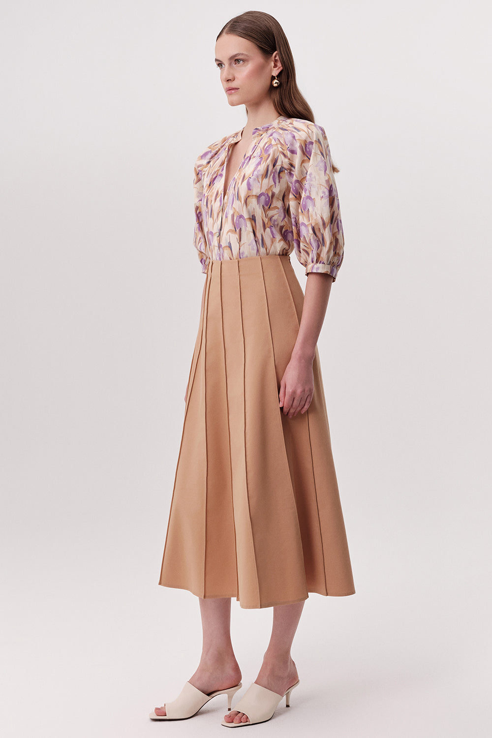 Bele Oturan Çok Parçalı Kloş Midi Camel Etek