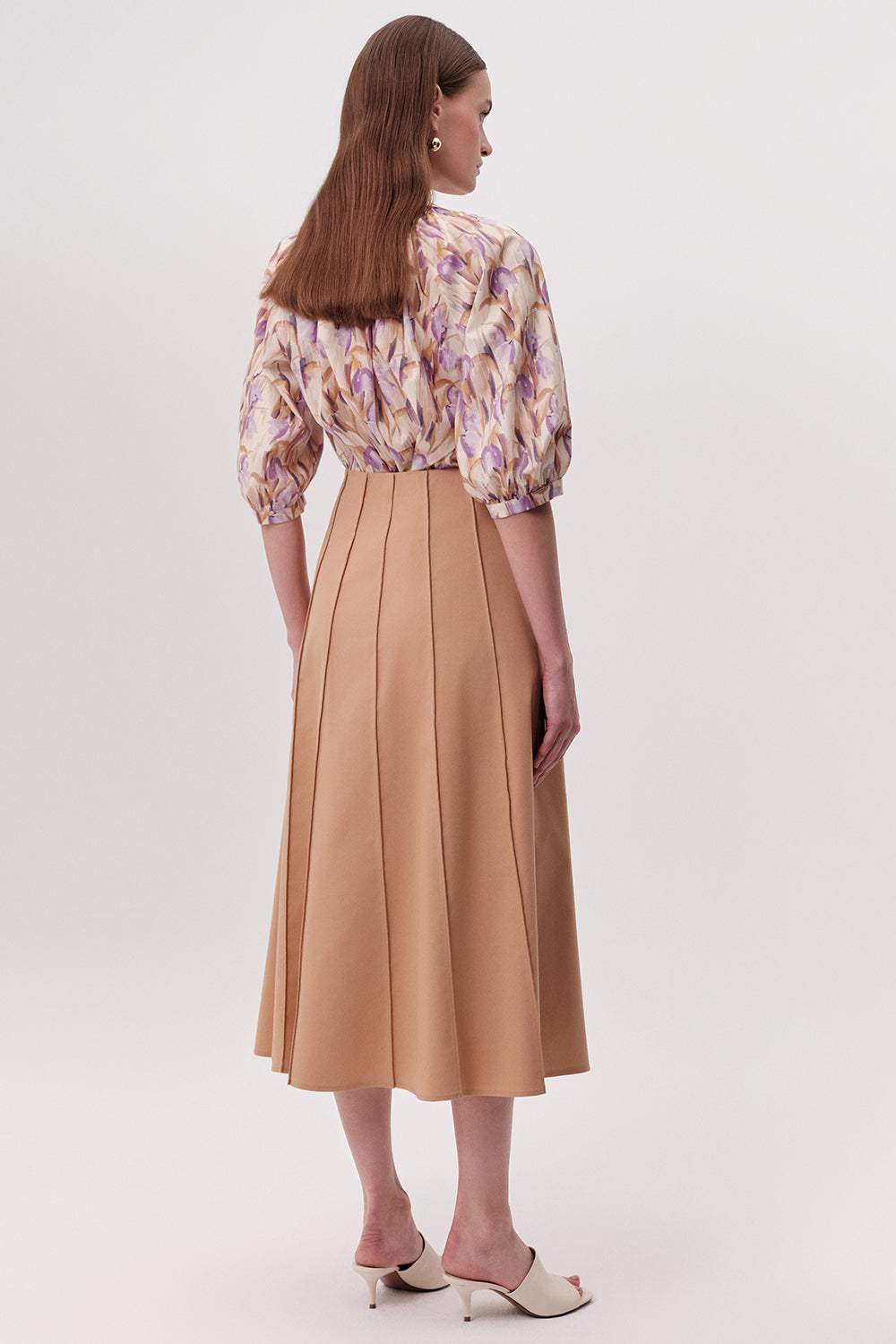 Bele Oturan Çok Parçalı Kloş Midi Camel Etek