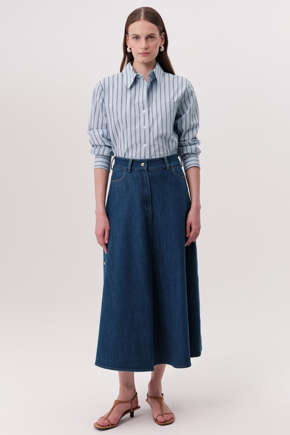 Yüksek Bel Çıt Çıt Detaylı Cepli Fermuarlı Regular Denim İndigo Etek