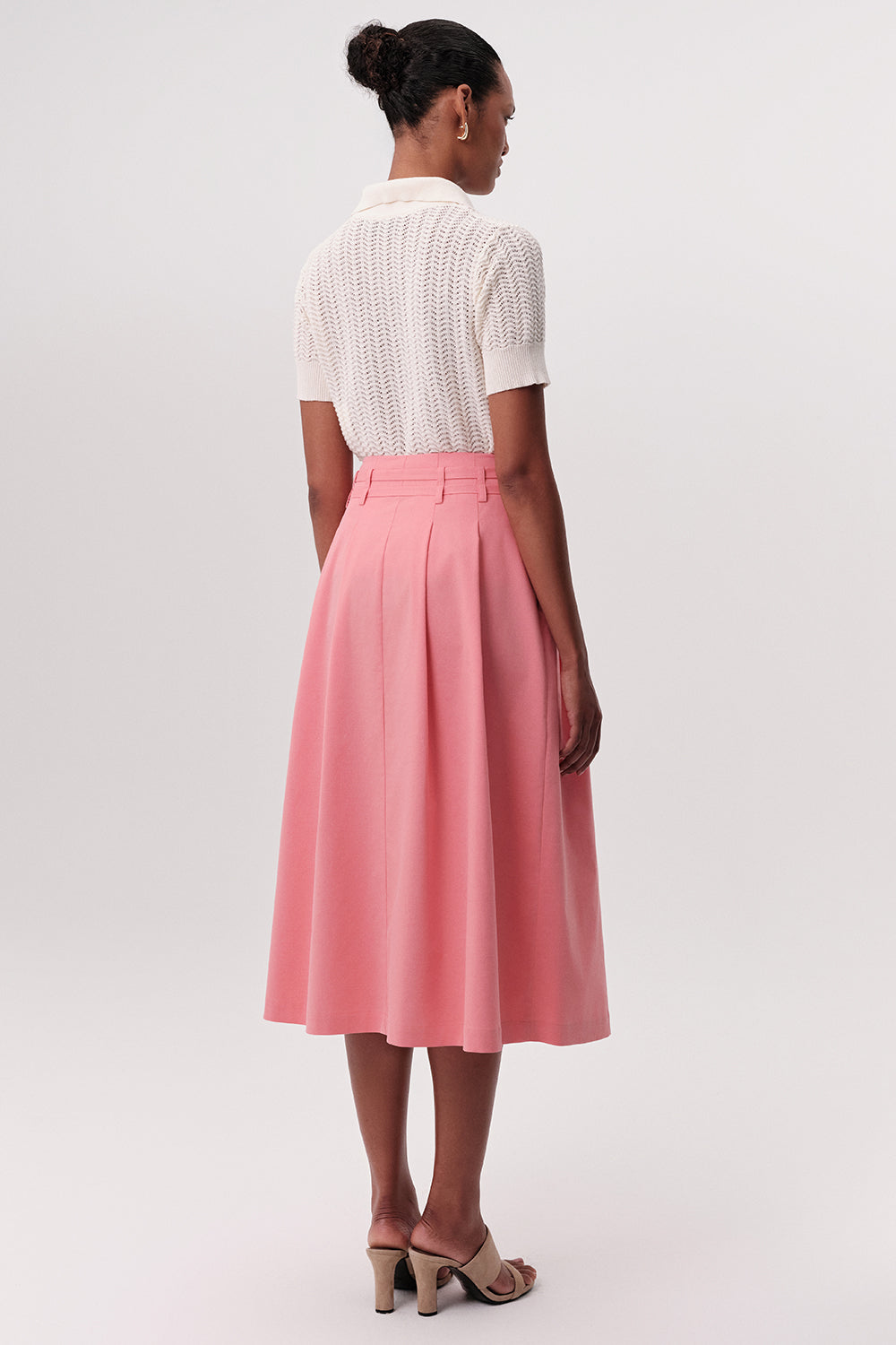 Beli Kemerli Yüksek Bel Pileli Cepli Midi Pembe Etek