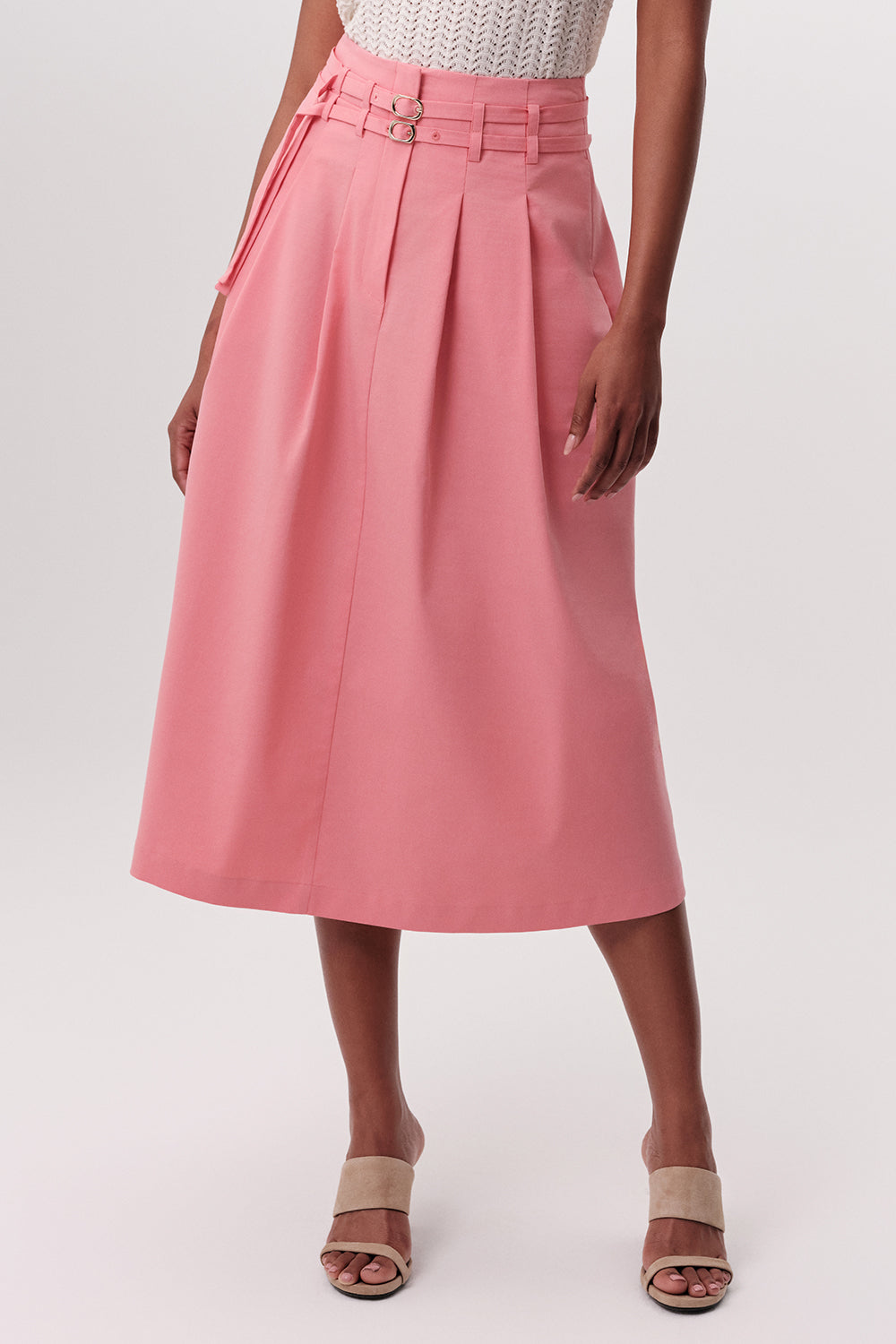 Beli Kemerli Yüksek Bel Pileli Cepli Midi Pembe Etek