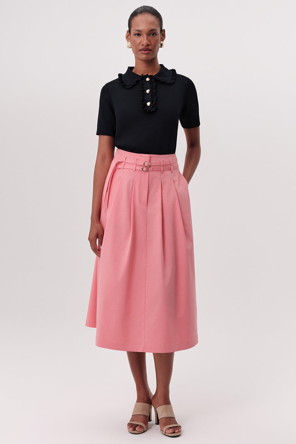 Beli Kemerli Yüksek Bel Pileli Cepli Midi Pembe Etek