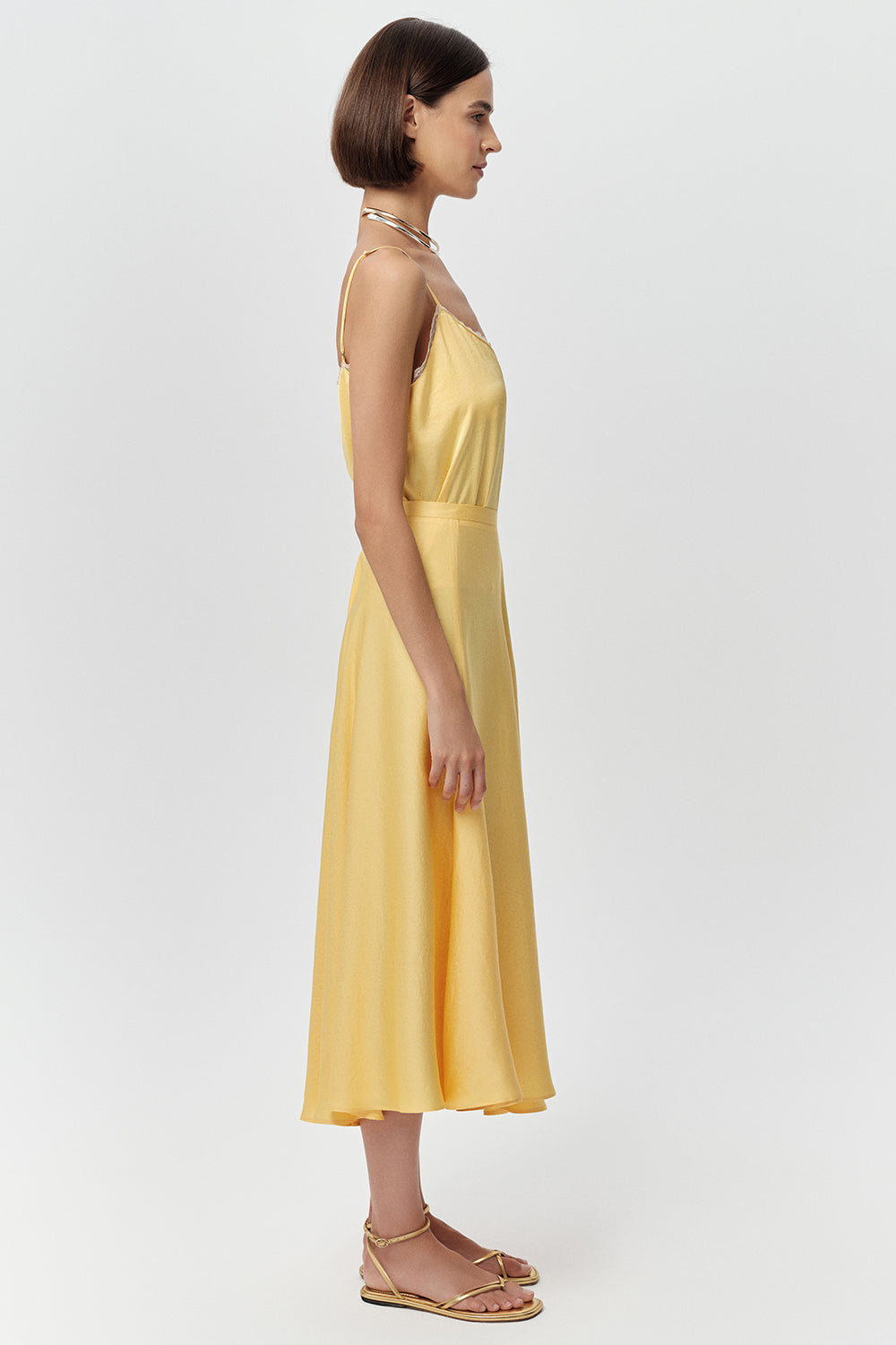 Yandan Fermuarlı Kloş Bele Oturan Midi Dokuma Sarı Etek