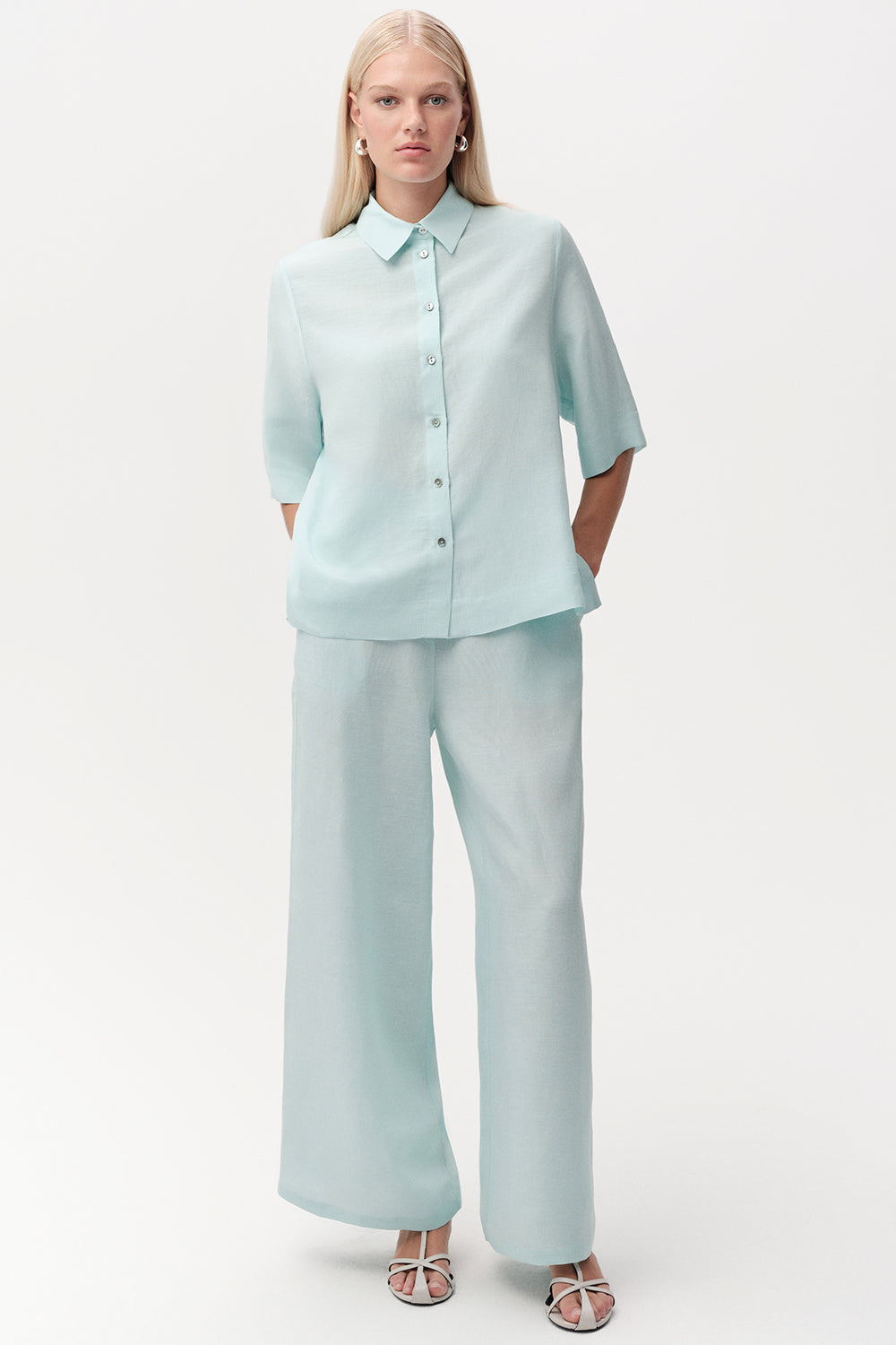 Gömlek Yaka Düğmeli Kısa Kollu Regular Turkuaz Gömlek