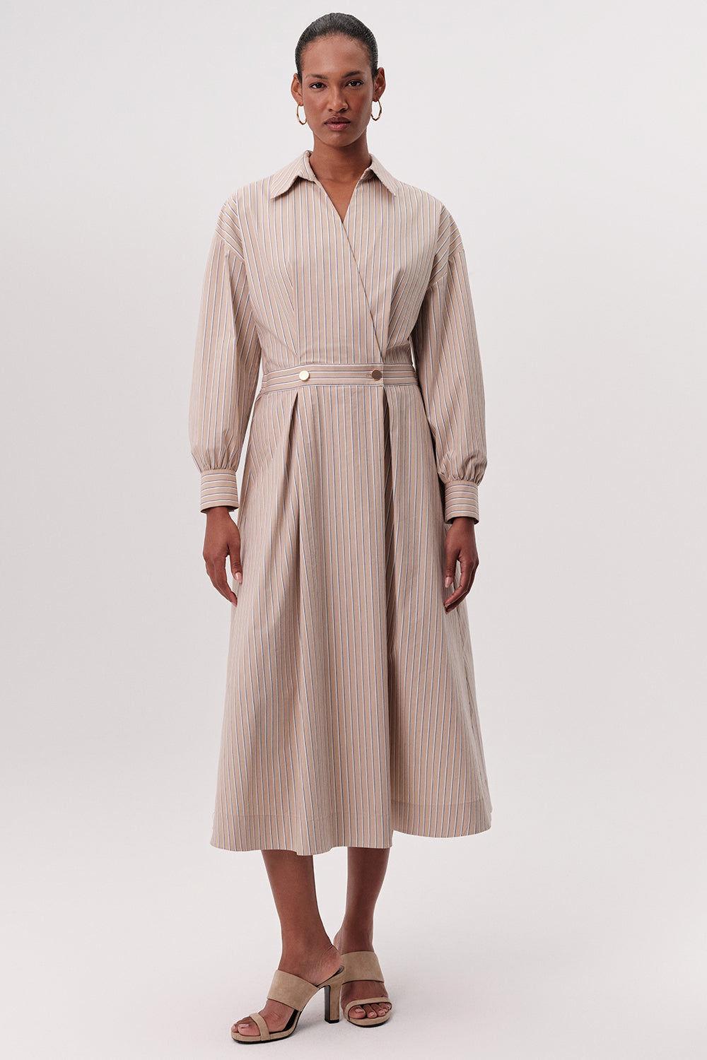 Kruvaze Yaka Beli Lastikli Cepli Regular Midi Çok Renkli Elbise