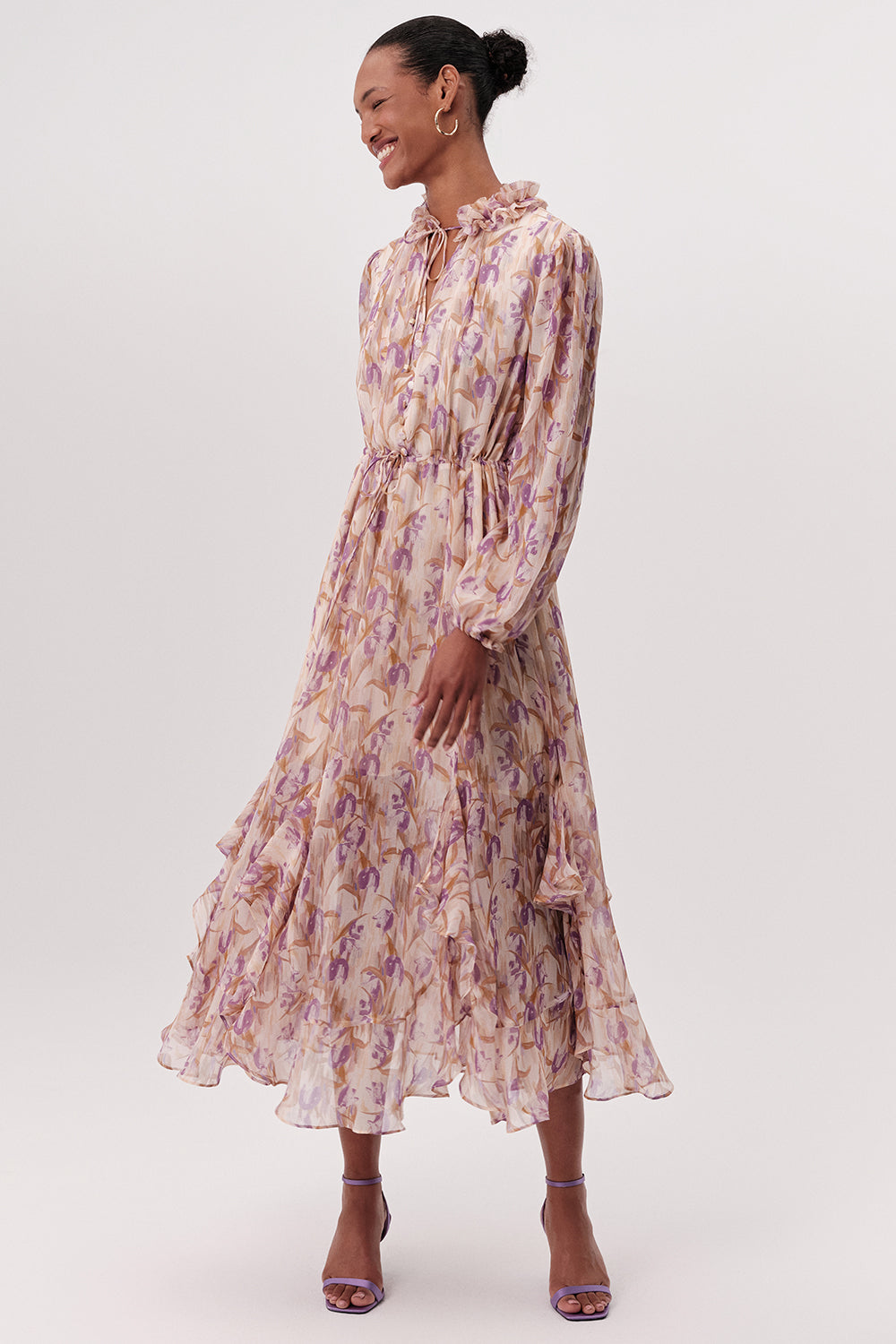 Uzun Kollu Beli Bağcıklı Eteği Parçalı Regular Midi Çok Renkli Elbise