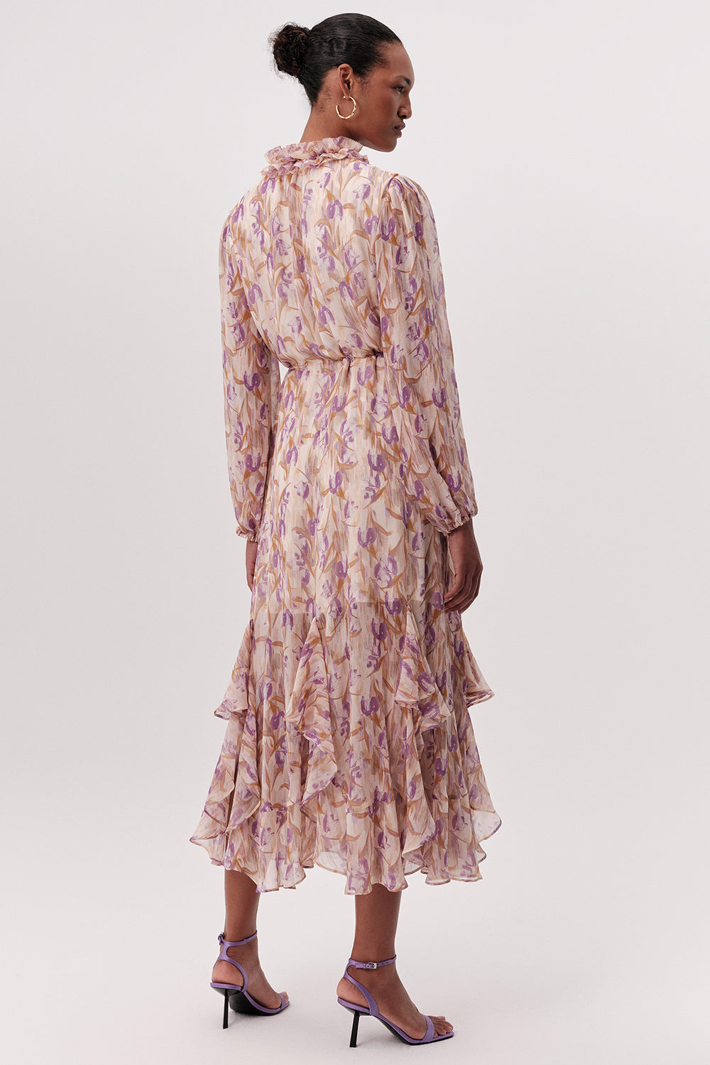 Uzun Kollu Beli Bağcıklı Eteği Parçalı Regular Midi Çok Renkli Elbise