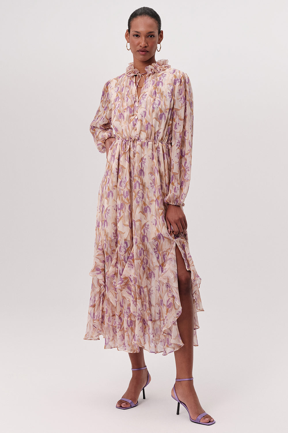 Uzun Kollu Beli Bağcıklı Eteği Parçalı Regular Midi Çok Renkli Elbise