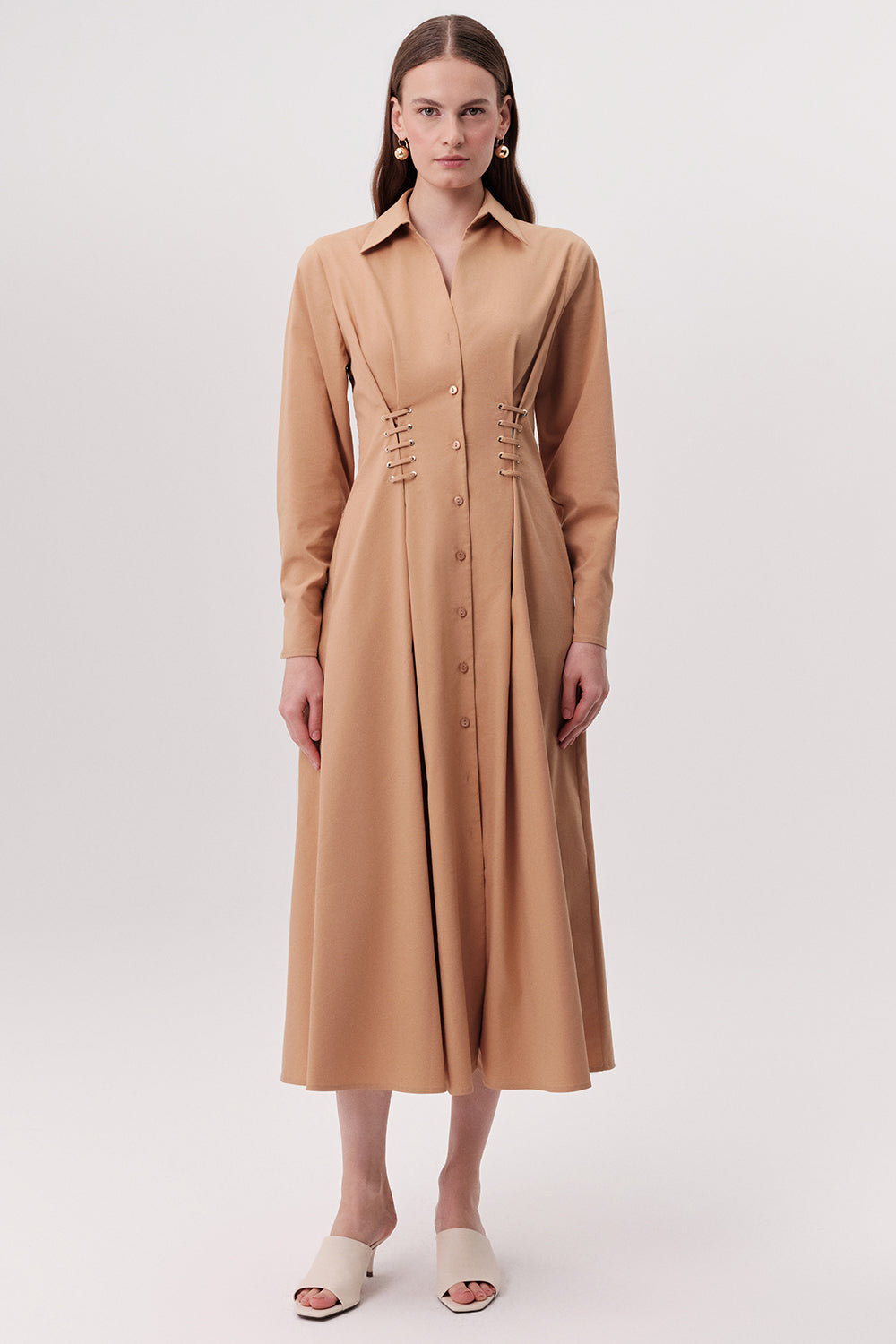 Kuş Gözü Detaylı Cepli Gömlek Yaka Regular Midi Camel Elbise