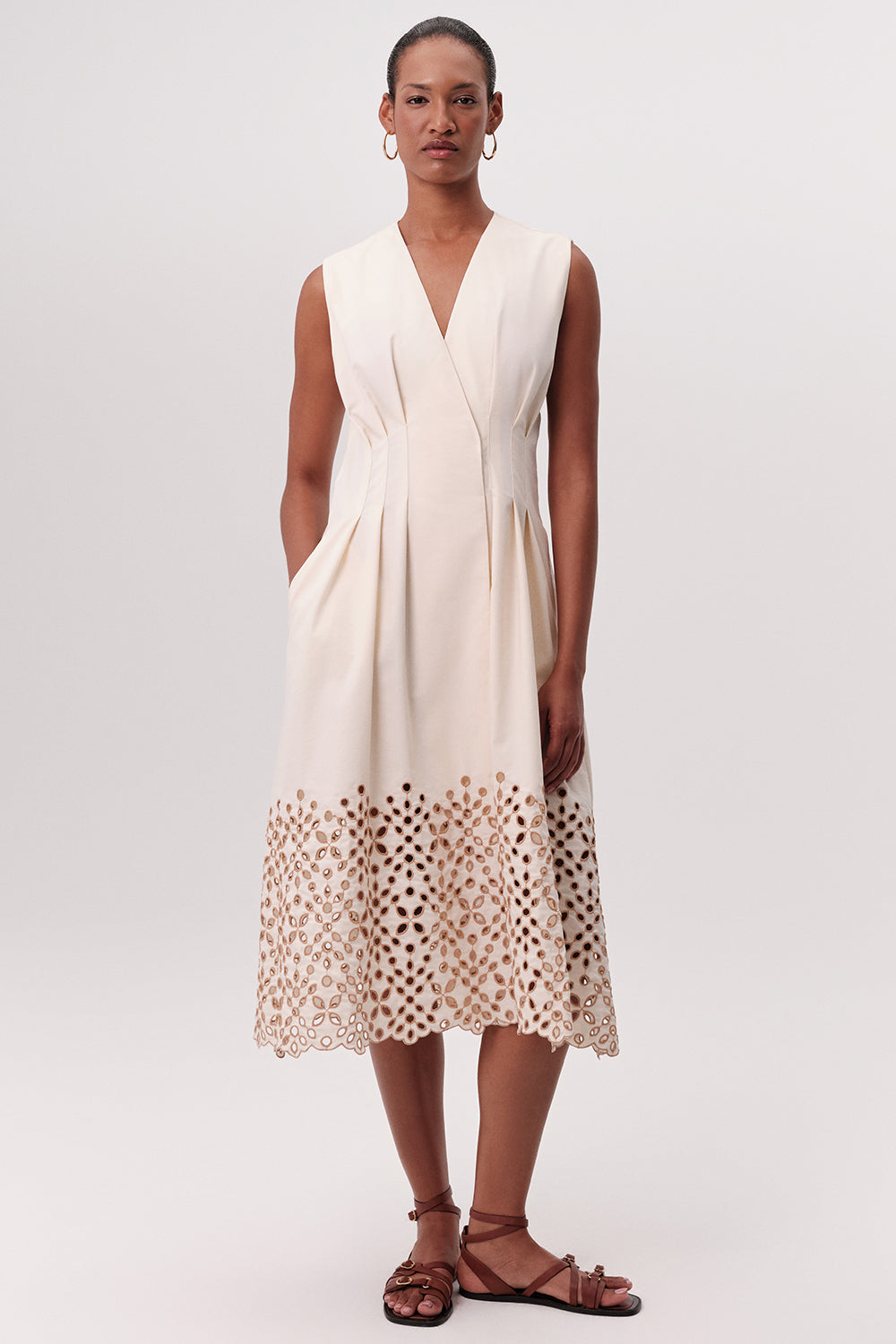 V Yaka Kemerli Cepli Regular Midi Krem Elbise