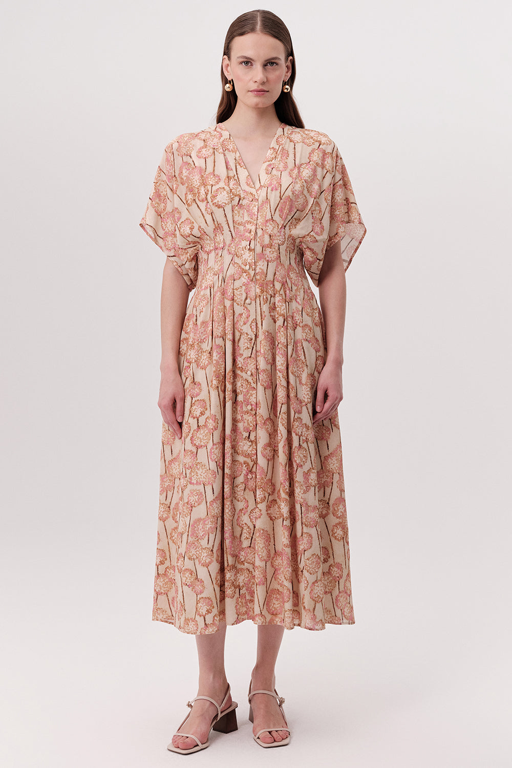 V Yaka Gipeli Bele Oturan Düğmeli Regular Midi Çok Renkli Elbise