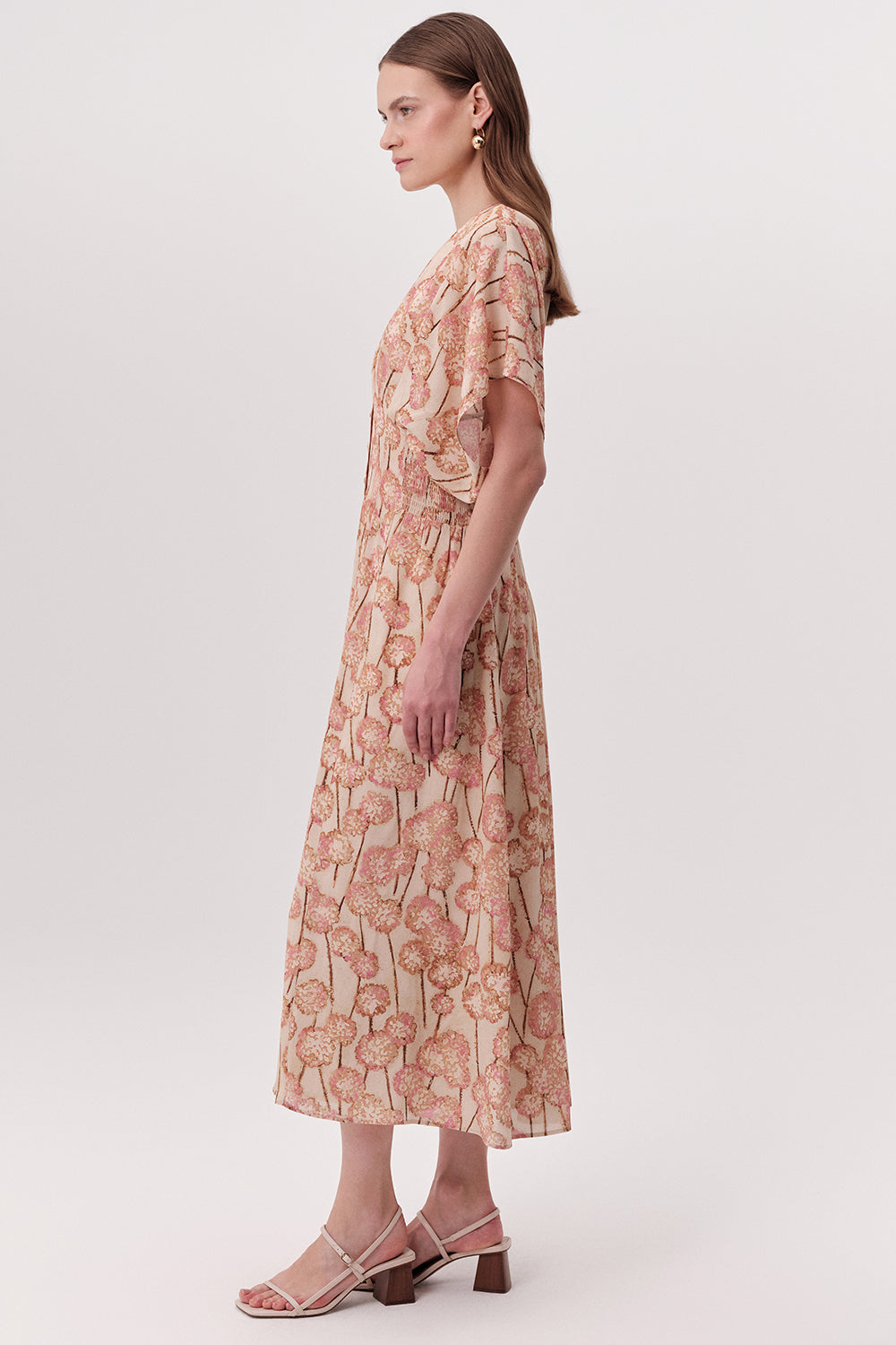 V Yaka Gipeli Bele Oturan Düğmeli Regular Midi Çok Renkli Elbise