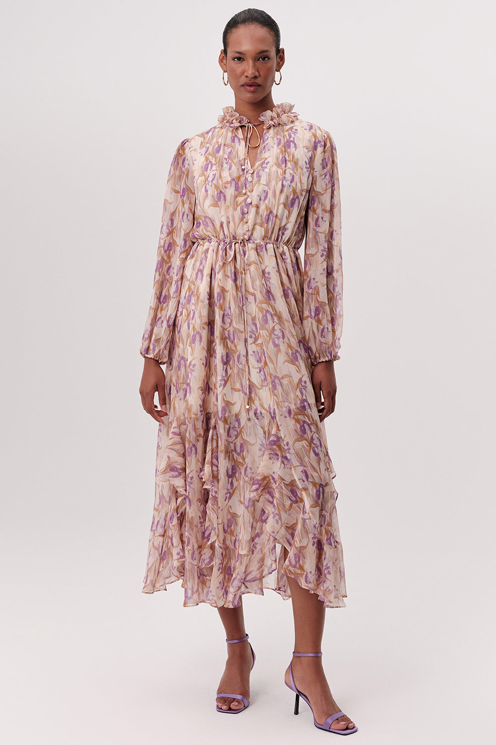 Uzun Kollu Beli Bağcıklı Eteği Parçalı Regular Midi Çok Renkli Elbise