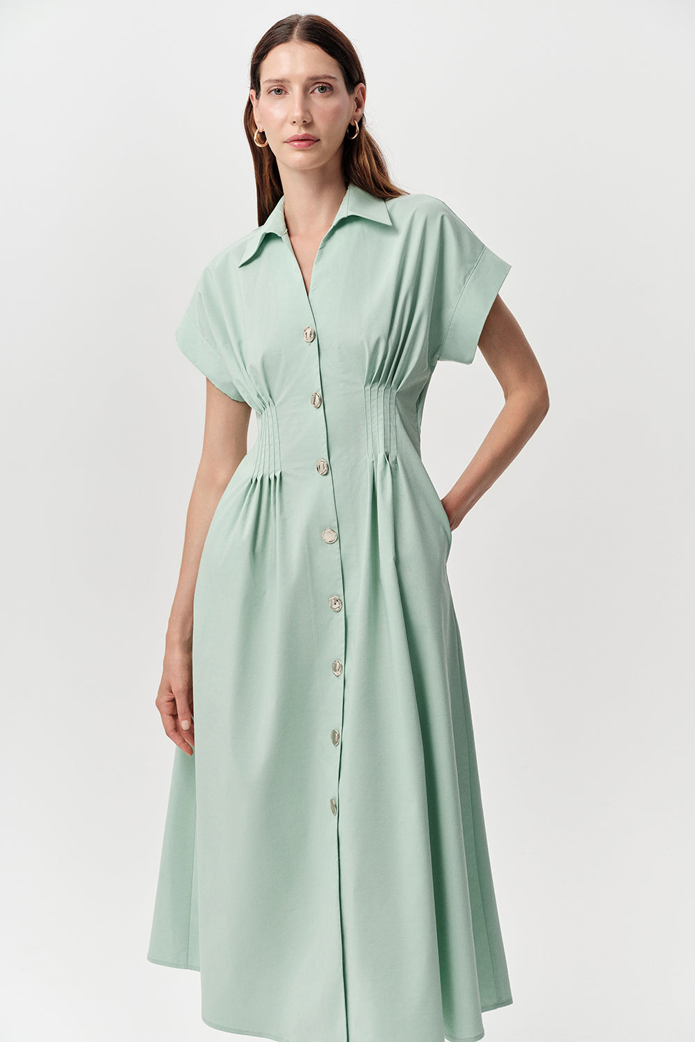 Gömlek Yaka Bele Oturan Lastikli Cepli Regular Midi Mint Elbise