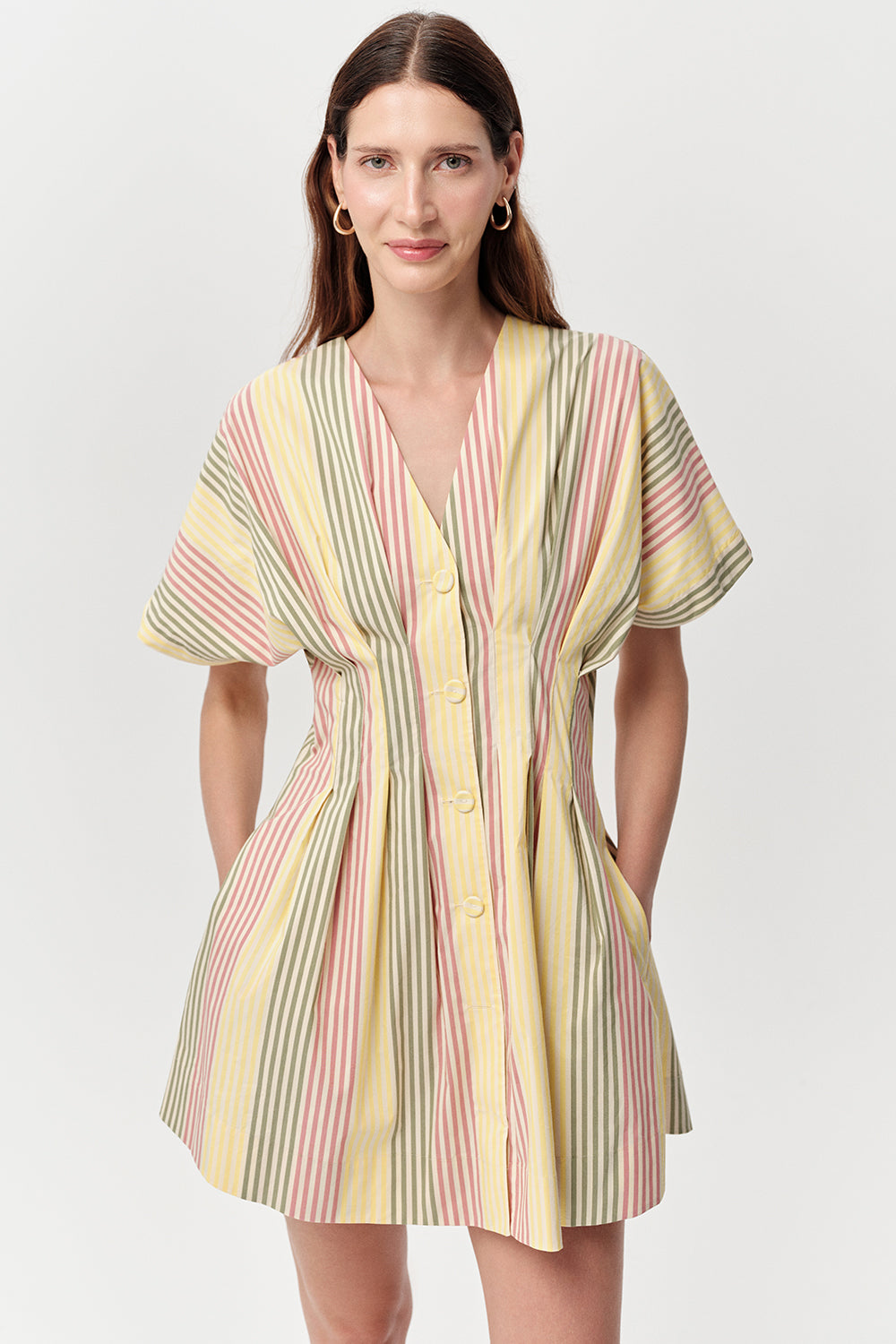 V Yaka Bele Oturan Düğmeli Cepli Regular Mini Çok Renkli Elbise