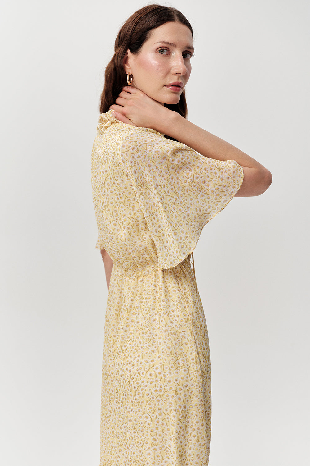 Kısa Kollu Beli Bağcıklı Regular Astarlı Midi Çok Renkli Elbise